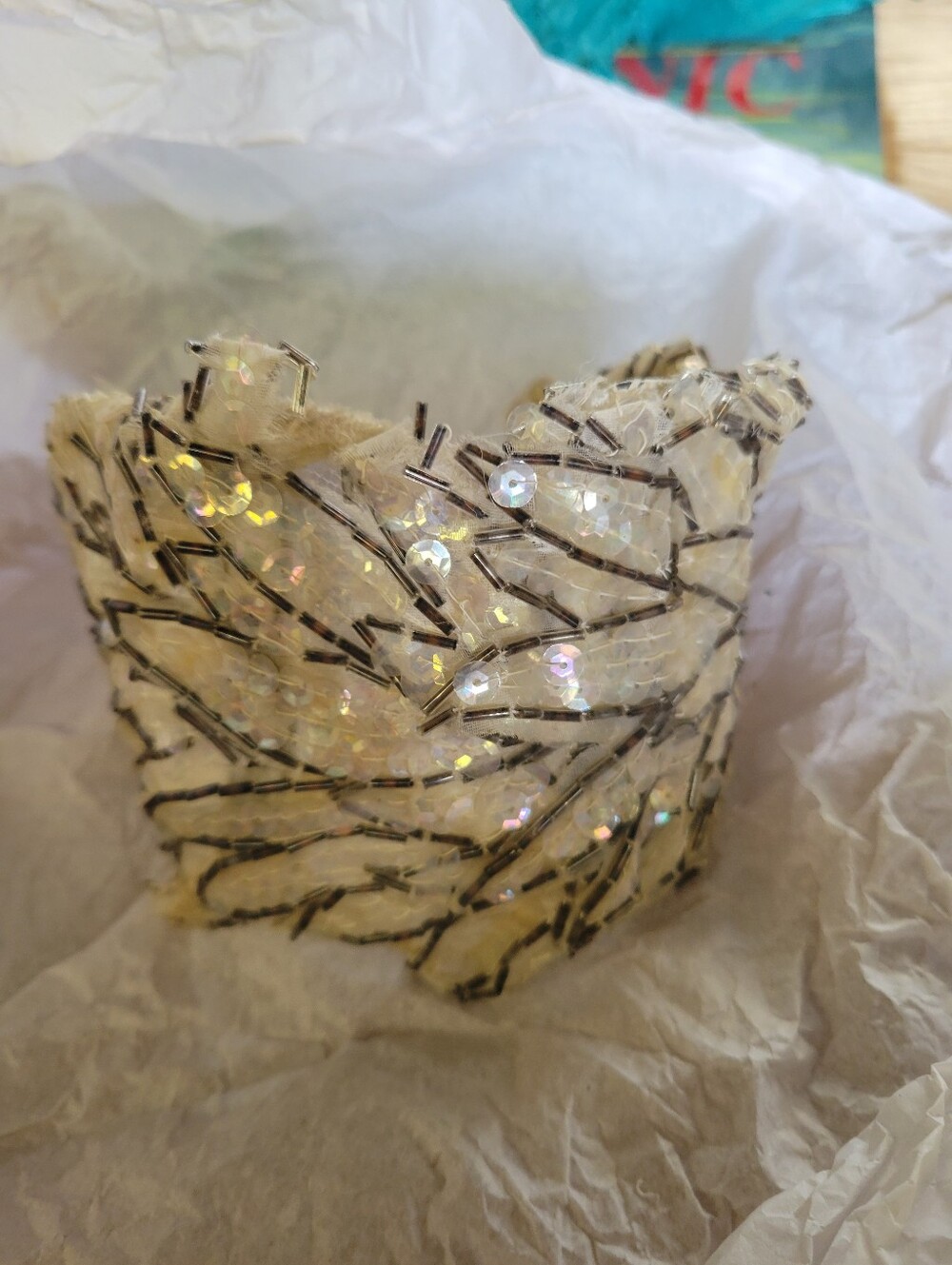 Beaded Sequin Ivory Cuff Bracelet